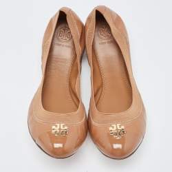 Pre Owned Tory Burch Brown Patent and Leather Jolie Scrunch Ballet Flats Size 39.5