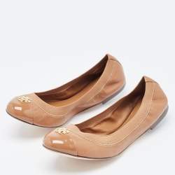 Pre Owned Tory Burch Brown Patent and Leather Jolie Scrunch Ballet Flats Size 39.5