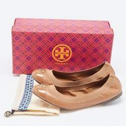 Pre Owned Tory Burch Brown Patent and Leather Jolie Scrunch Ballet Flats Size 39.5