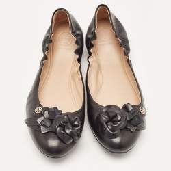 Pre Owned Tory Burch Black Leather Blossom Ballet Flats Size 39.5