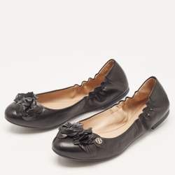 Pre Owned Tory Burch Black Leather Blossom Ballet Flats Size 39.5