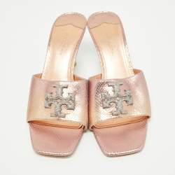 Pre Owned Tory Burch Rosegold Lizard Embossed Leather Ines Slides Size 39.5