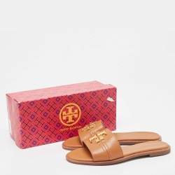 Pre Owned Tory Burch Brown Leather Everly Flat Slides Size 37.5