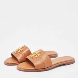 Pre Owned Tory Burch Brown Leather Everly Flat Slides Size 37.5