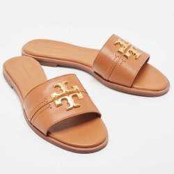 Pre Owned Tory Burch Brown Leather Everly Flat Slides Size 37.5