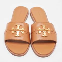 Pre Owned Tory Burch Brown Leather Everly Flat Slides Size 37.5