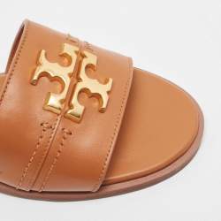 Pre Owned Tory Burch Brown Leather Everly Flat Slides Size 37.5