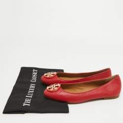 Pre Owned Tory Burch Red Leather Reva Ballet Flats Size 37.5