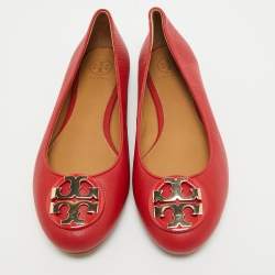 Pre Owned Tory Burch Red Leather Reva Ballet Flats Size 37.5