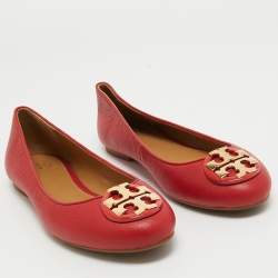 Pre Owned Tory Burch Red Leather Reva Ballet Flats Size 37.5