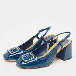 Pre Owned Tory Burch Blue Patent Leather Georgia Slingback Pumps Size 40