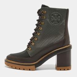 Pre Owned Tory Burch Brown/Green Leather and Nylon Miller Ankle Boots Size 39