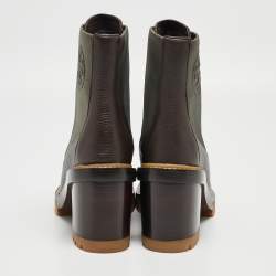 Pre Owned Tory Burch Brown/Green Leather and Nylon Miller Ankle Boots Size 39