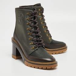 Pre Owned Tory Burch Brown/Green Leather and Nylon Miller Ankle Boots Size 39