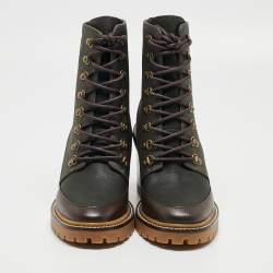 Pre Owned Tory Burch Brown/Green Leather and Nylon Miller Ankle Boots Size 39