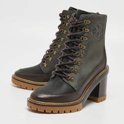 Pre Owned Tory Burch Brown/Green Leather and Nylon Miller Ankle Boots Size 39