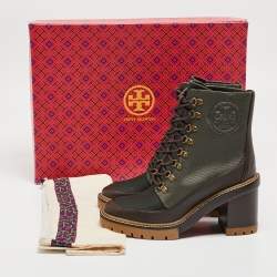 Pre Owned Tory Burch Brown/Green Leather and Nylon Miller Ankle Boots Size 39
