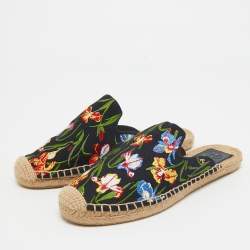 Pre Owned Tory Burch Navy Blue Canvas Floral Espadrille Mules Size 38