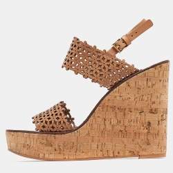 Tory Burch Beige Perforated Leather Daisy Cork Wedge Sandals Size 41