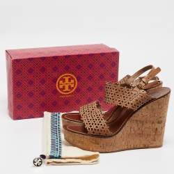 Tory Burch Beige Perforated Leather Daisy Cork Wedge Sandals Size 41