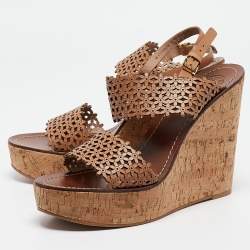 Tory Burch Beige Perforated Leather Daisy Cork Wedge Sandals Size 41