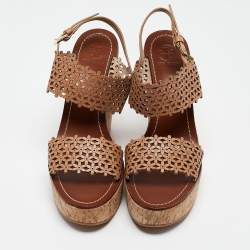 Tory Burch Beige Perforated Leather Daisy Cork Wedge Sandals Size 41