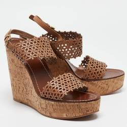 Tory Burch Beige Perforated Leather Daisy Cork Wedge Sandals Size 41