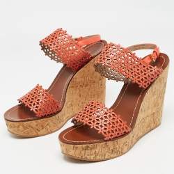 Tory Burch Orange Perforated Leather Daisy Cork Wedge Sandals Size 41.5