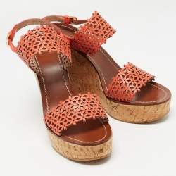Tory Burch Orange Perforated Leather Daisy Cork Wedge Sandals Size 41.5