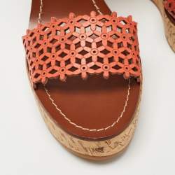 Tory Burch Orange Perforated Leather Daisy Cork Wedge Sandals Size 41.5