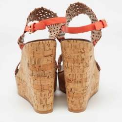 Tory Burch Orange Perforated Leather Daisy Cork Wedge Sandals Size 41.5