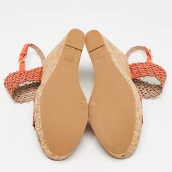 Tory Burch Orange Perforated Leather Daisy Cork Wedge Sandals Size 41.5