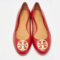 Pre Owned Tory Burch Red Leather Reva Ballet Flats Size 40