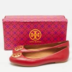 Pre Owned Tory Burch Red Leather Reva Ballet Flats Size 40
