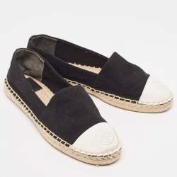 Pre Owned Tory Burch Black/White Canvas and Leather Cap Toe Espadrille Flats Size 36