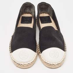 Pre Owned Tory Burch Black/White Canvas and Leather Cap Toe Espadrille Flats Size 36