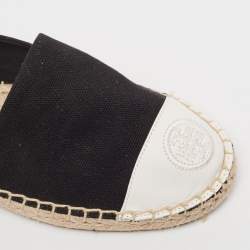 Pre Owned Tory Burch Black/White Canvas and Leather Cap Toe Espadrille Flats Size 36