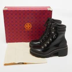 Pre Owned Tory Burch Black Leather Block Heel Ankle Boots Size 40