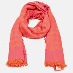 Pre Owned Tory Burch Pink Monogram Jacquard Silk Blend Scarf