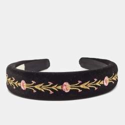 Pre Owned Tory Burch Black Floral Embroidered Velvet Hairband 