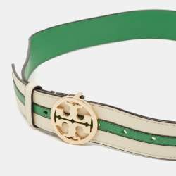 Tory Burch Green/Cream Leather Logo Buckle Belt XS
