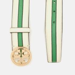 Tory Burch Green/Cream Leather Logo Buckle Belt XS