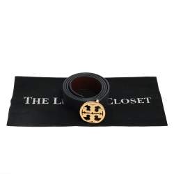 Pre Owned Tory Burch Navy Blue Leather Logo Buckle Belt 105CM