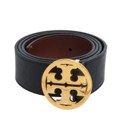 Pre Owned Tory Burch Navy Blue Leather Logo Buckle Belt 105CM