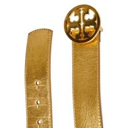 Pre Owned Tory Burch Metallic Gold Leather Logo Buckle Belt S