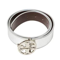 Pre Owned Tory Burch Silver Leather Logo Buckle Belt S