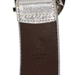 Pre Owned Tory Burch Silver Leather Logo Buckle Belt S