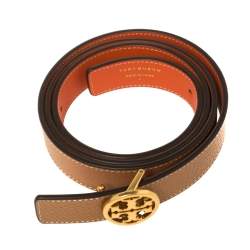 Tory Burch Beige/Orange Leather L Noe Reversible Logo Belt 100CM