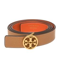 Tory Burch Beige/Orange Leather L Noe Reversible Logo Belt 100CM