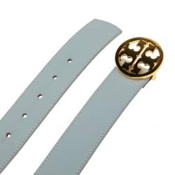 Pre Owned Tory Burch Light Blue/Brown Leather Robinson Small Cut to Size Belt 